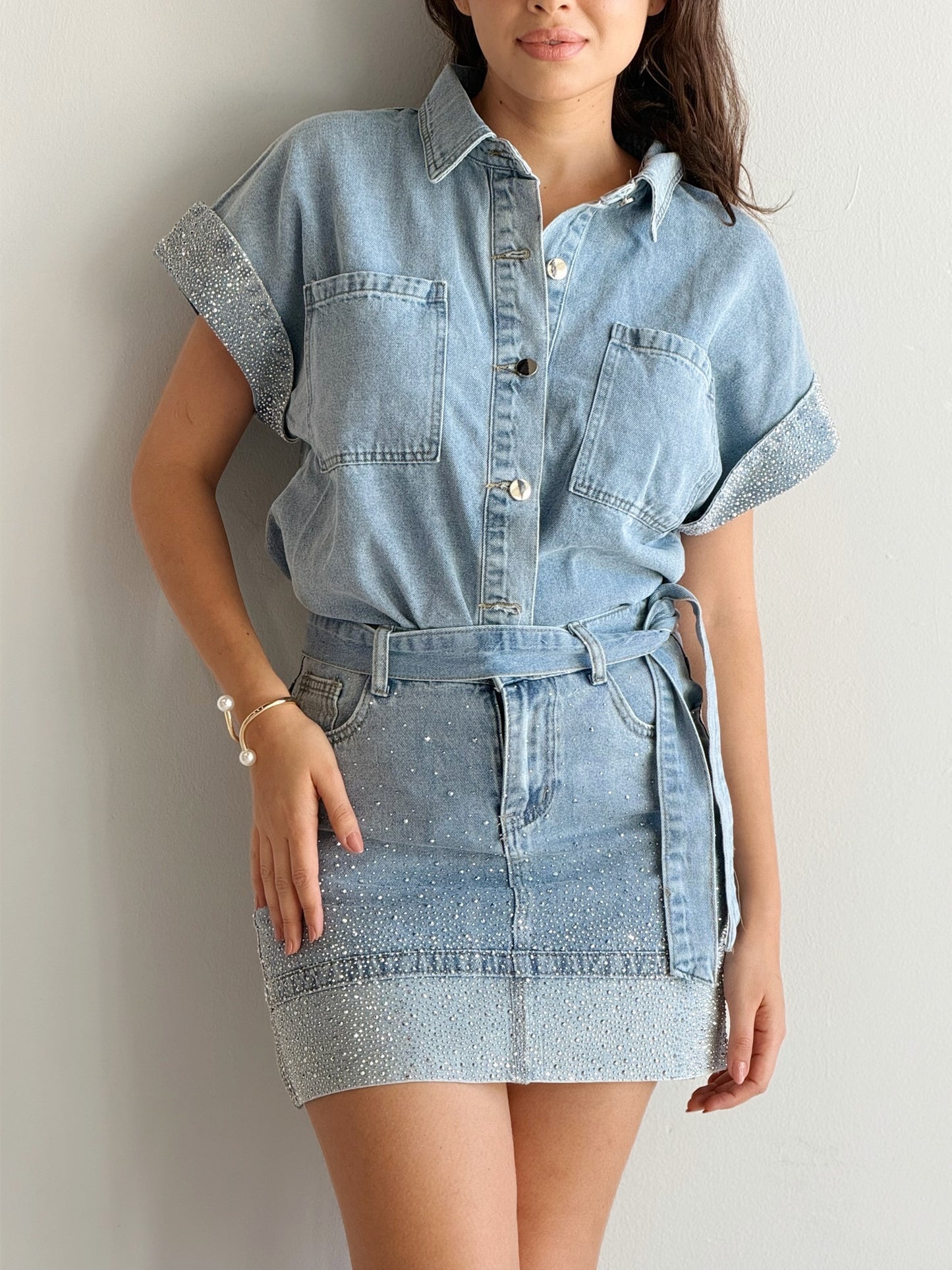 Conjunto Camisa y falda de Mezclilla con Brillos