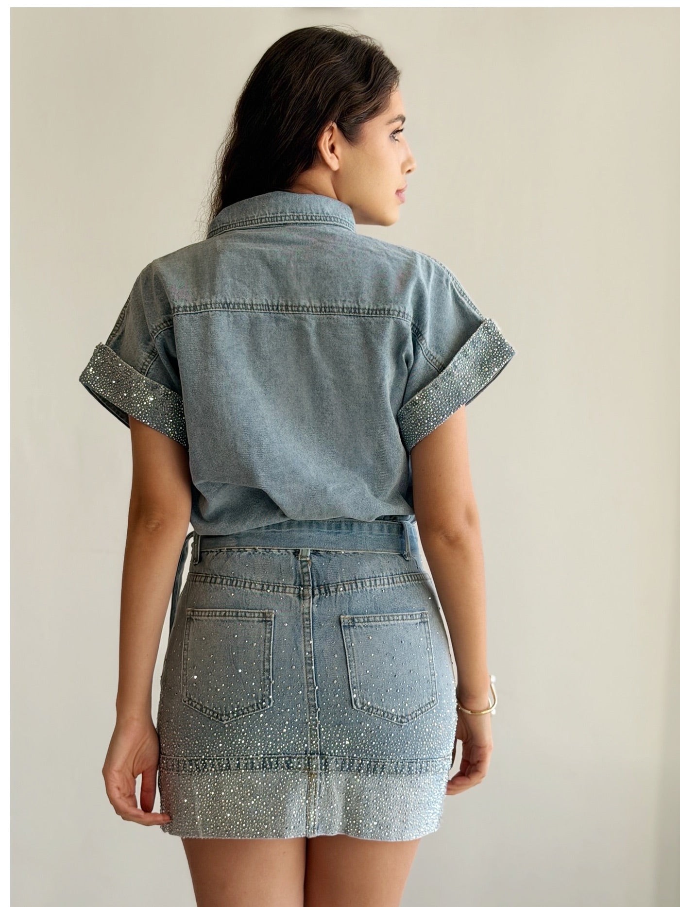 Conjunto Camisa y falda de Mezclilla con Brillos