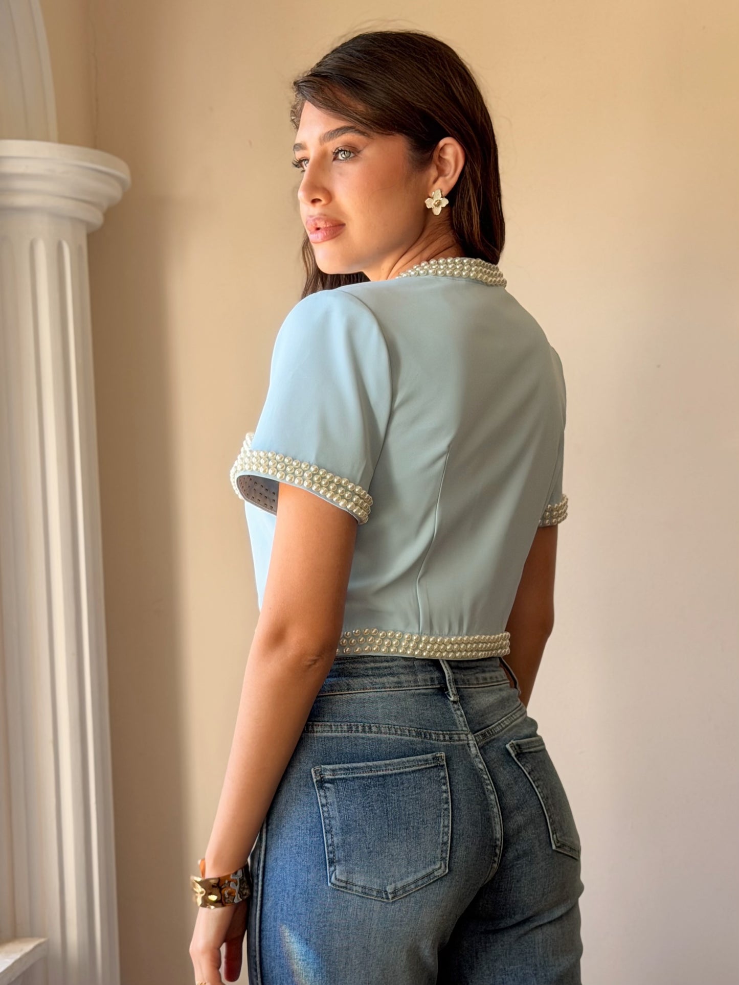 Blazer Crop con Aplicación de Perlas