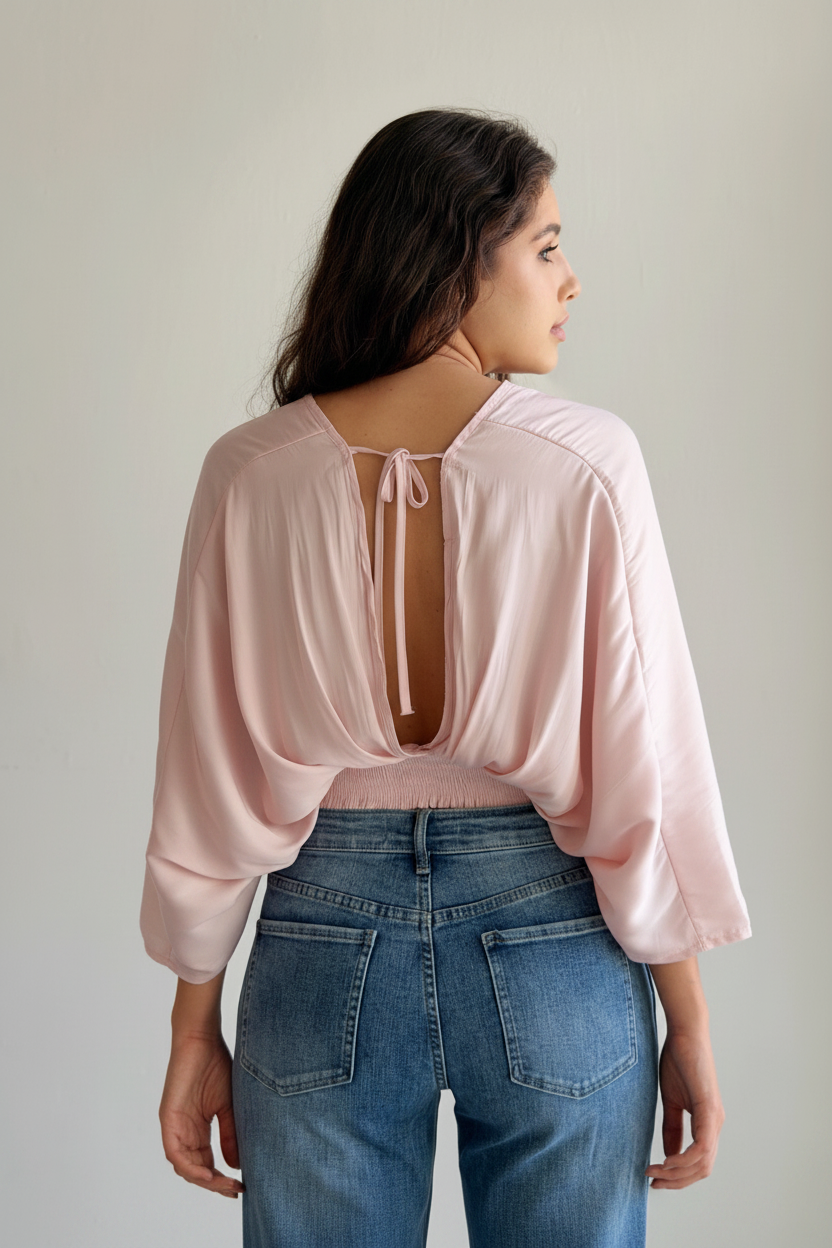 Blusa satinada drapeada de manga amplia