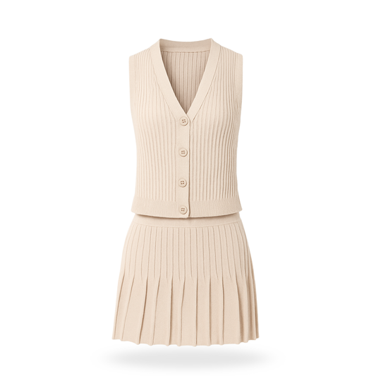 Conjunto de falda tableada y chaleco tejido