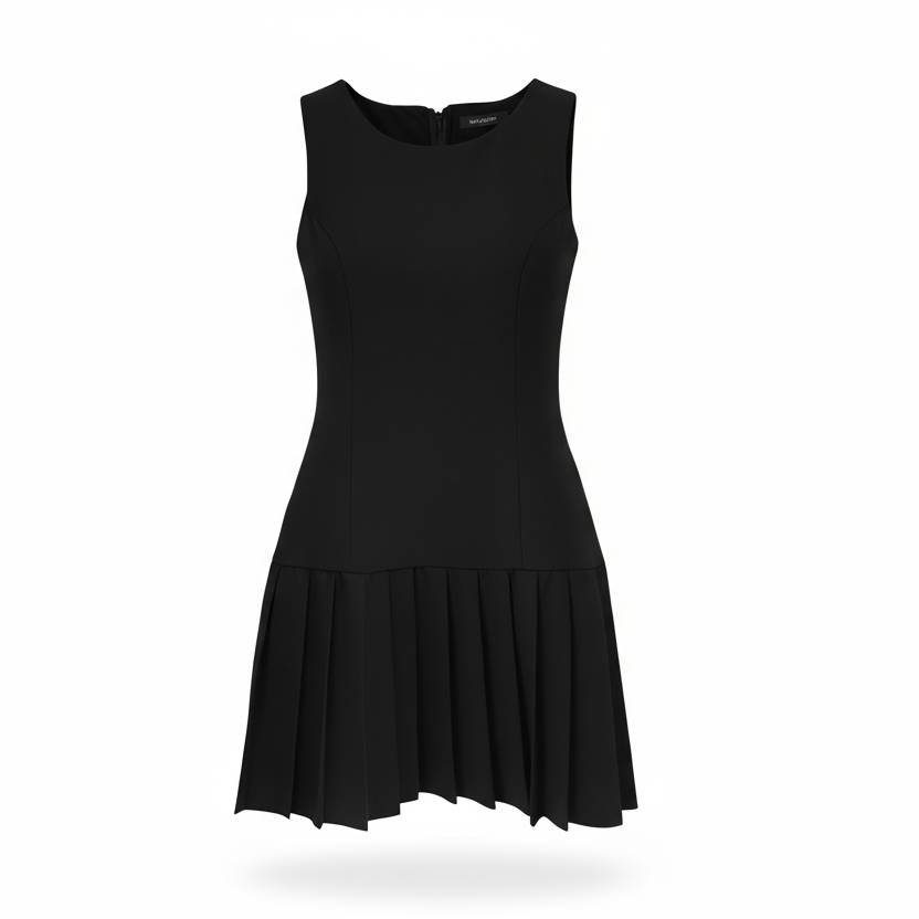 Vestido Cuello Redondo Falda Tableada