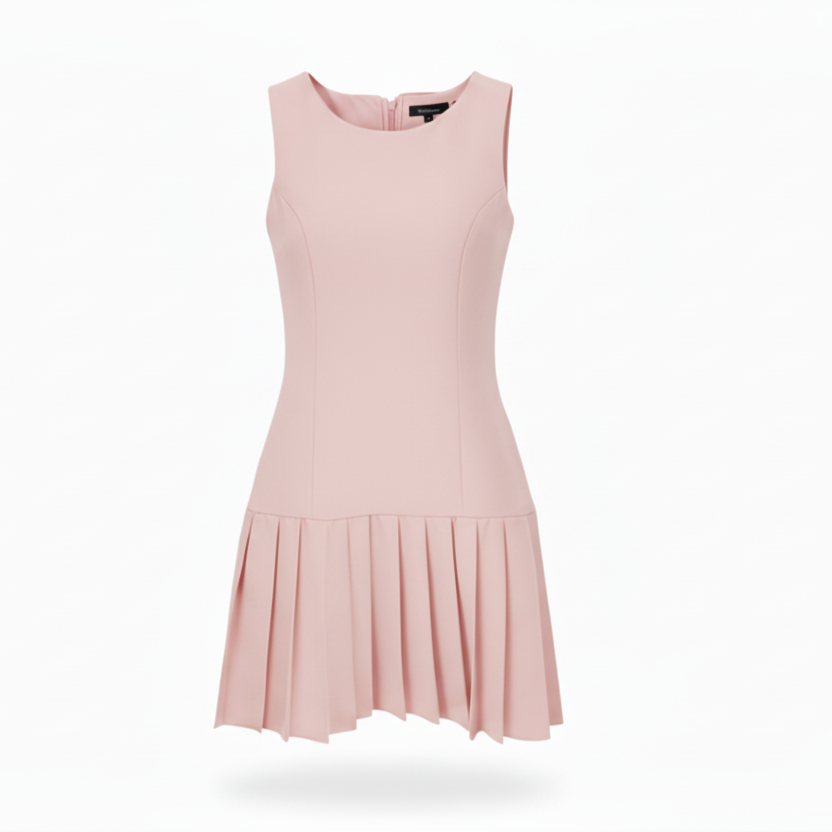 Vestido Cuello Redondo Falda Tableada