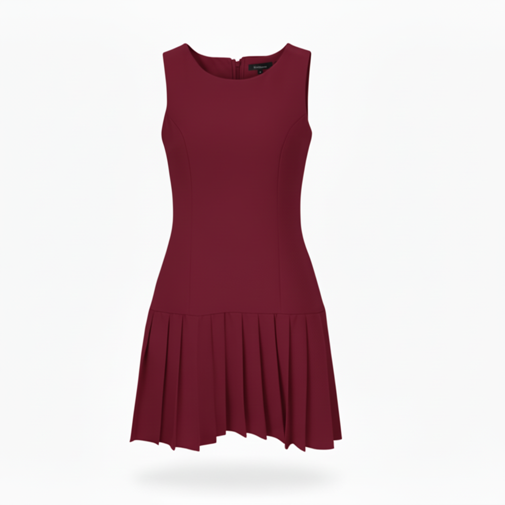 Vestido Cuello Redondo Falda Tableada
