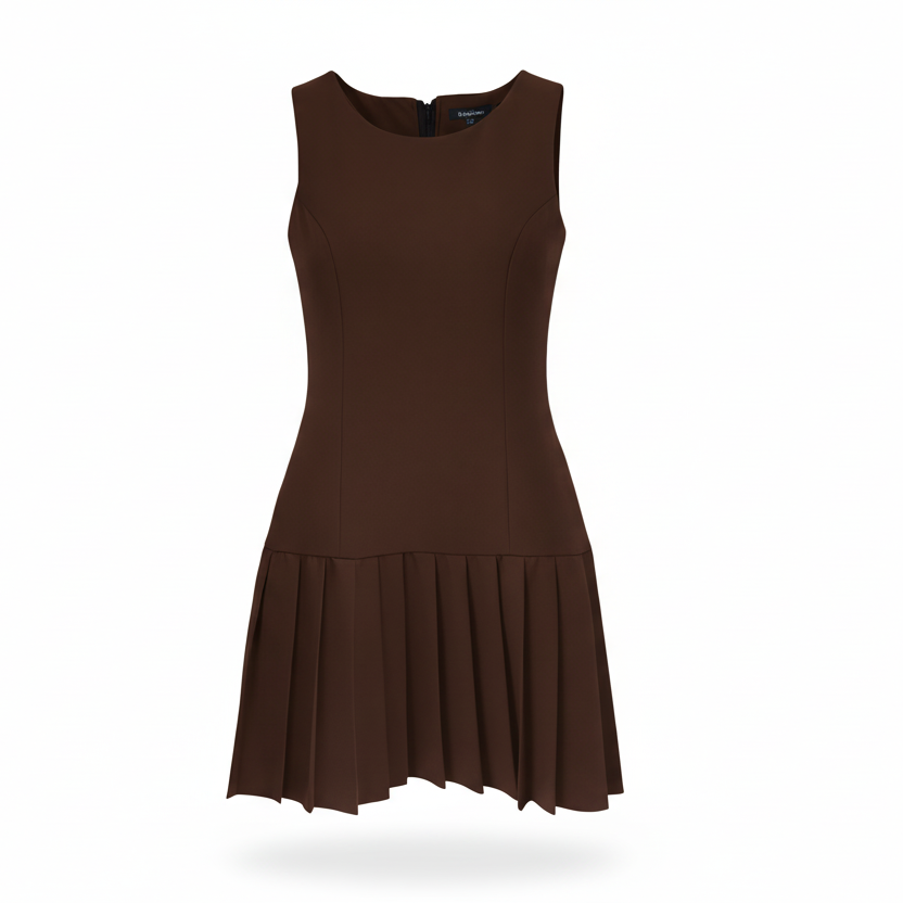 Vestido Cuello Redondo Falda Tableada